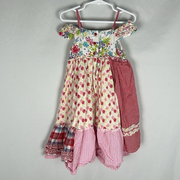 Lydia Jane Red Gingham Floral Patchwork Off the Shoulder Apron Dress -Size 5 - Picture 4 of 6